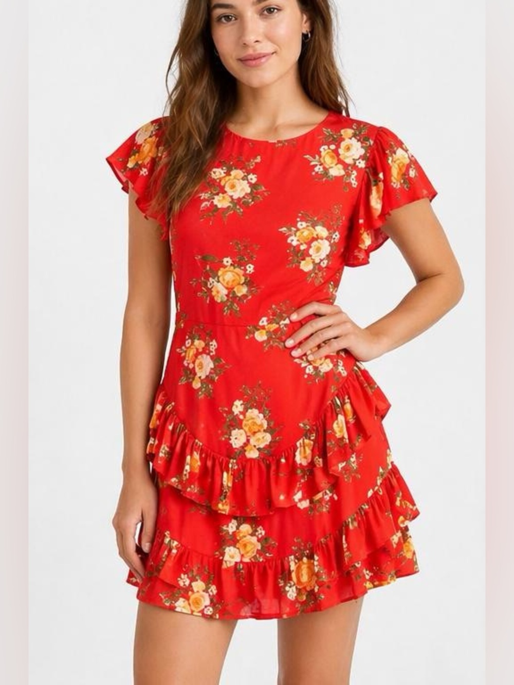 Red Floral Ruffle Mini Dress - Women